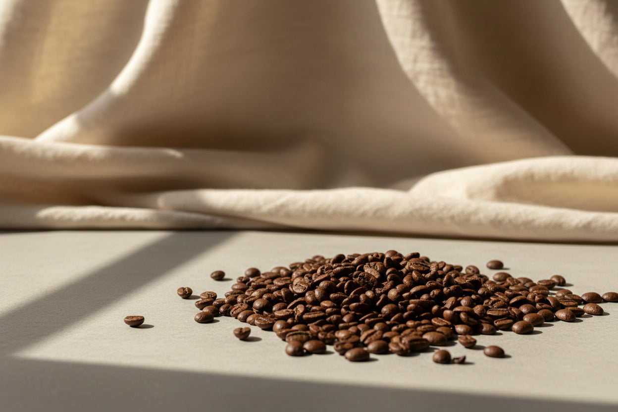 Ethiopia Yirgacheffe coffee beans on cream linen in soft morning light