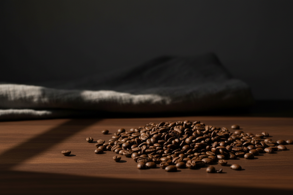 Ethiopia Yirgacheffe dark roast espresso beans on a walnut table in low light